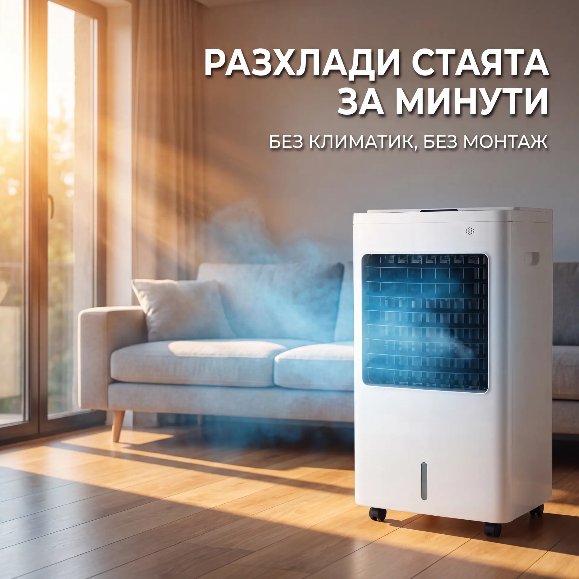 Портативен въздушен охладител в модерна спалня